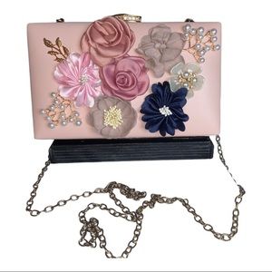 Milisente Pink Clutch with Chain Strap And 3D Fabric Flowers and Beads